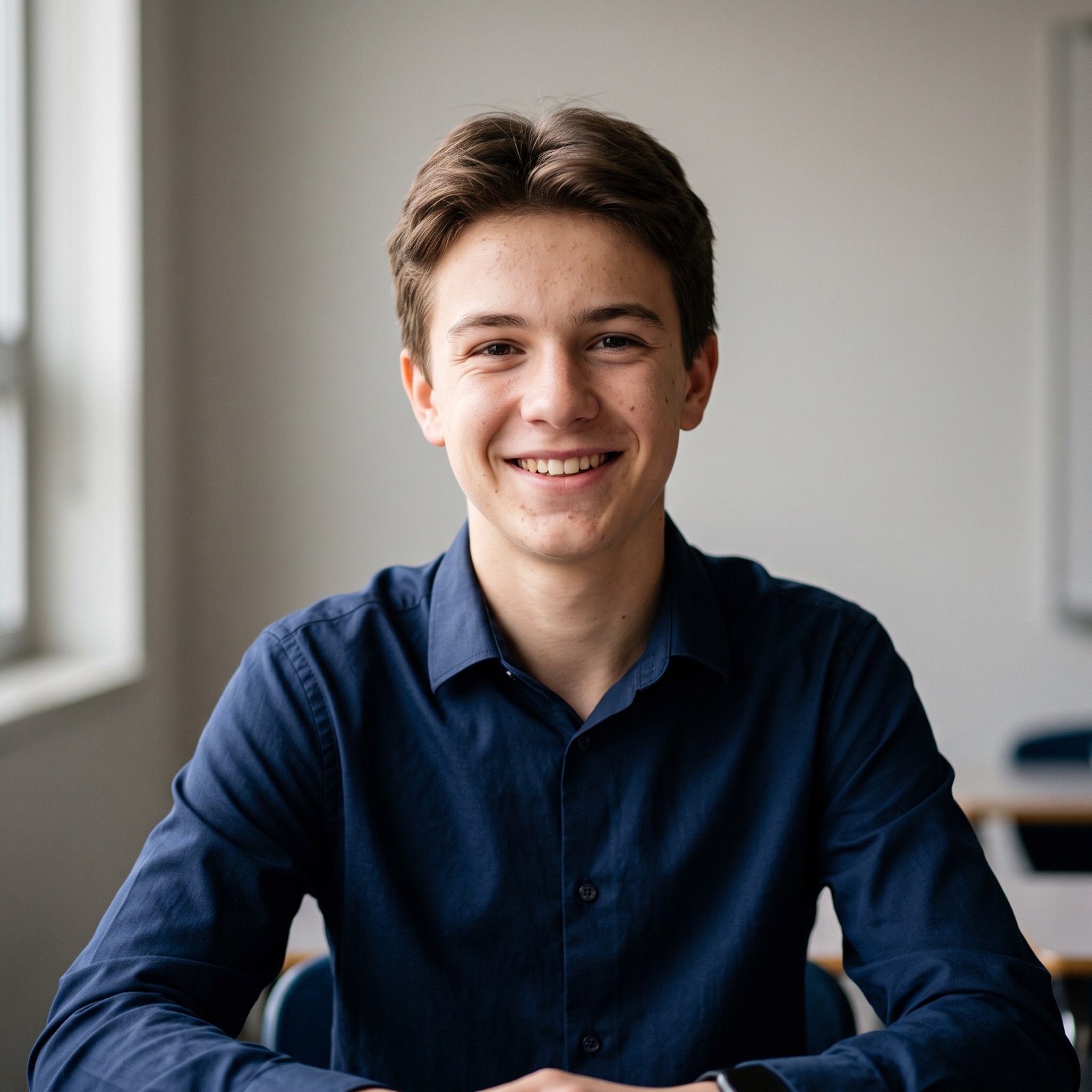 Demo profile photo: a smiling student in a navy collared shirt, seated in a bright classroom.